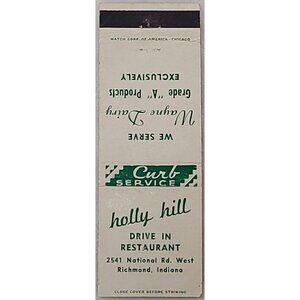 Vintage Matchbook Cover Holly Hill Drive-In Richmond IN Indiana